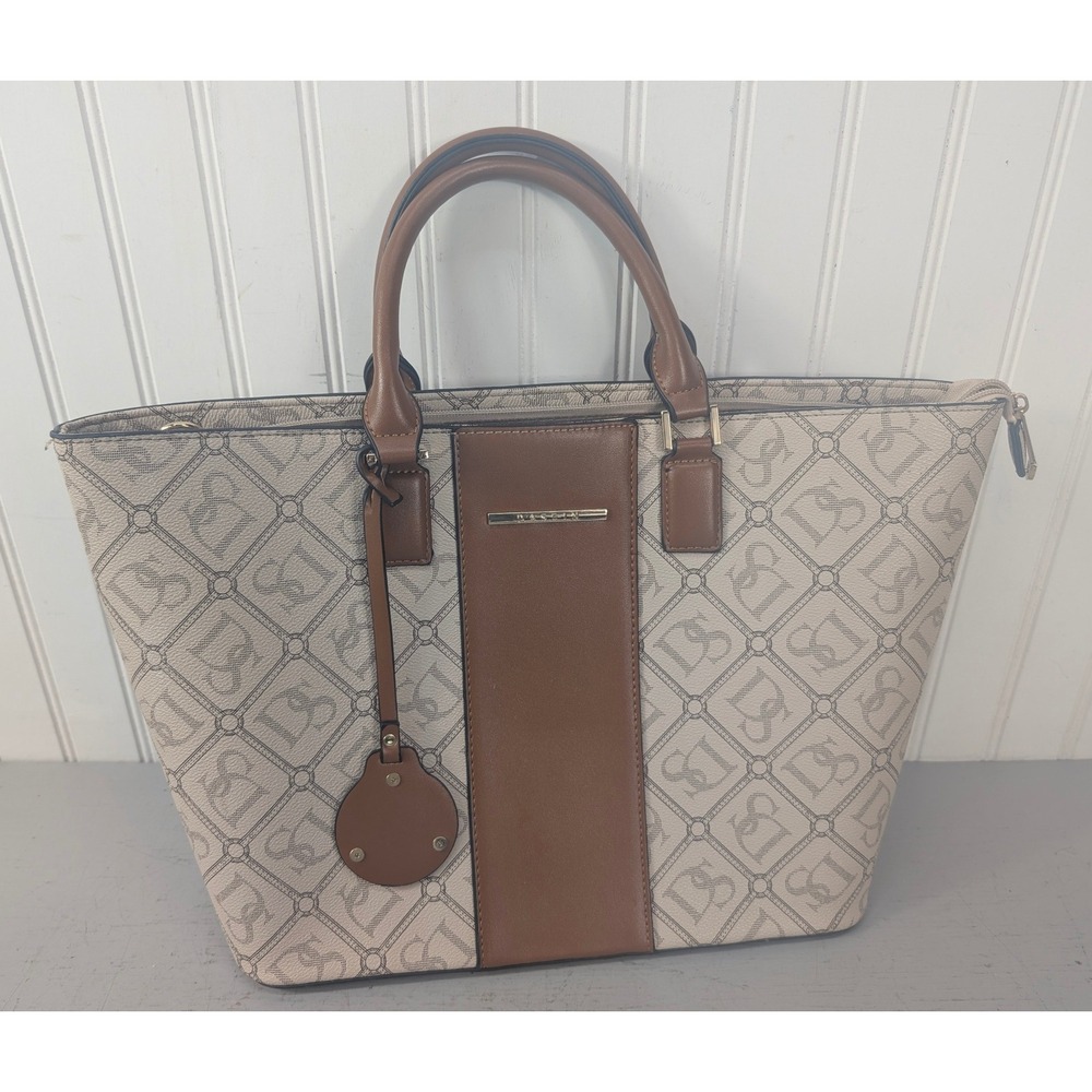 Dasein Monogram Satchel Tote Bag Cream Tan Brown Vegan Leather Zip Closure
